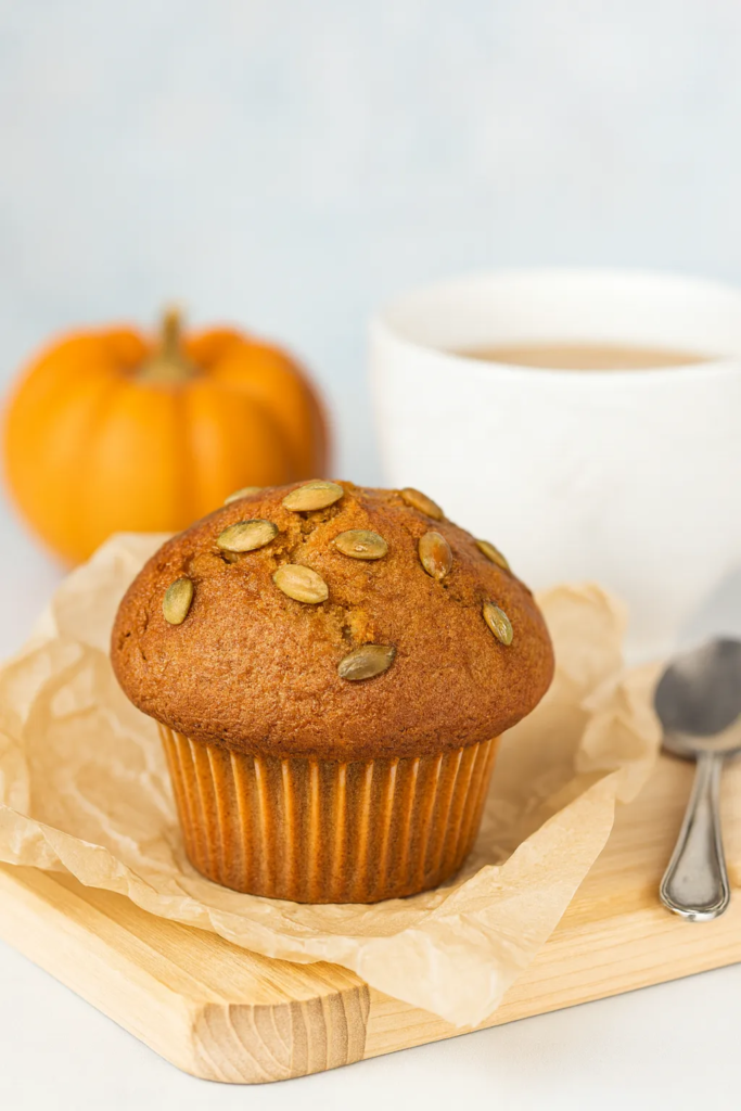 Pumpkin muffin topped with roasted pepitas on parchment, with a coffee cup and mini pumpkin softly blurred.