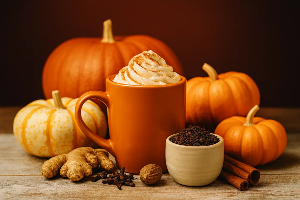 Pumpkin spice latte in an orange mug topped with whipped cream and cinnamon, surrounded by pumpkins, ginger, nutmeg, cloves, and cinnamon sticks.