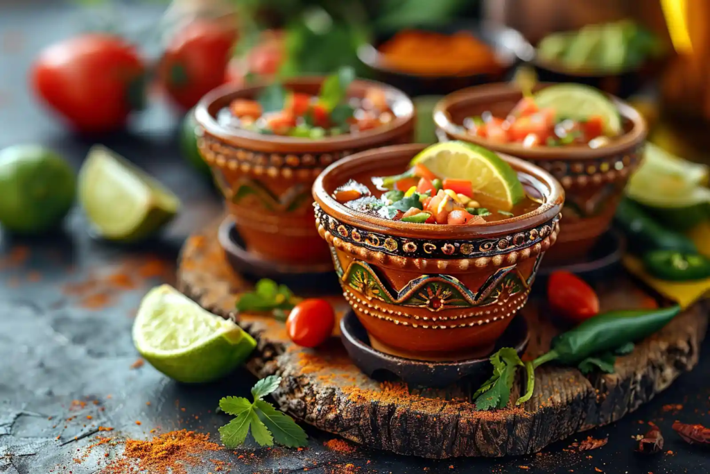 Traditional Mexican salsa served in decorative clay bowls, garnished with lime wedges, chopped tomatoes, and herbs, with fresh limes and chili peppers scattered on the table.