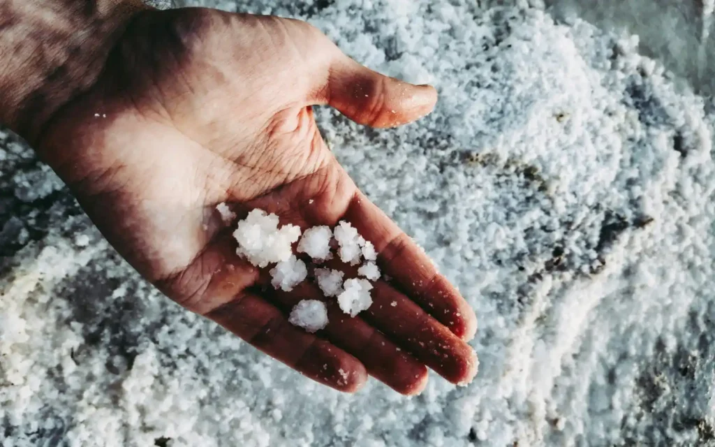 A hand holding coarse, damp sea salt crystals over a salt flat, with more salt covering the ground in the background.