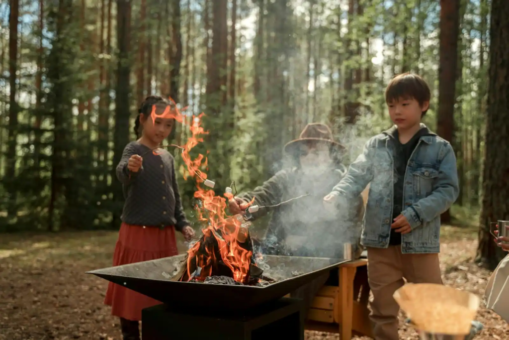 Children roasting marshmallows over an outdoor fire in a forest setting