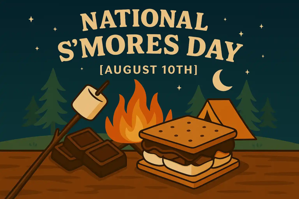 Illustrated banner of National S’mores Day with marshmallow on a stick, fire, and a finished s’more