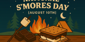 Illustrated banner of National S’mores Day with marshmallow on a stick, fire, and a finished s’more