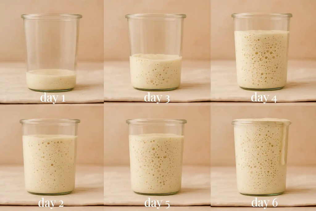 A six-panel photographic collage documents the daily growth of a sourdough starter from Day 1 to Day 6. The starter gradually rises and bubbles more each day, ending with an overflowing jar.