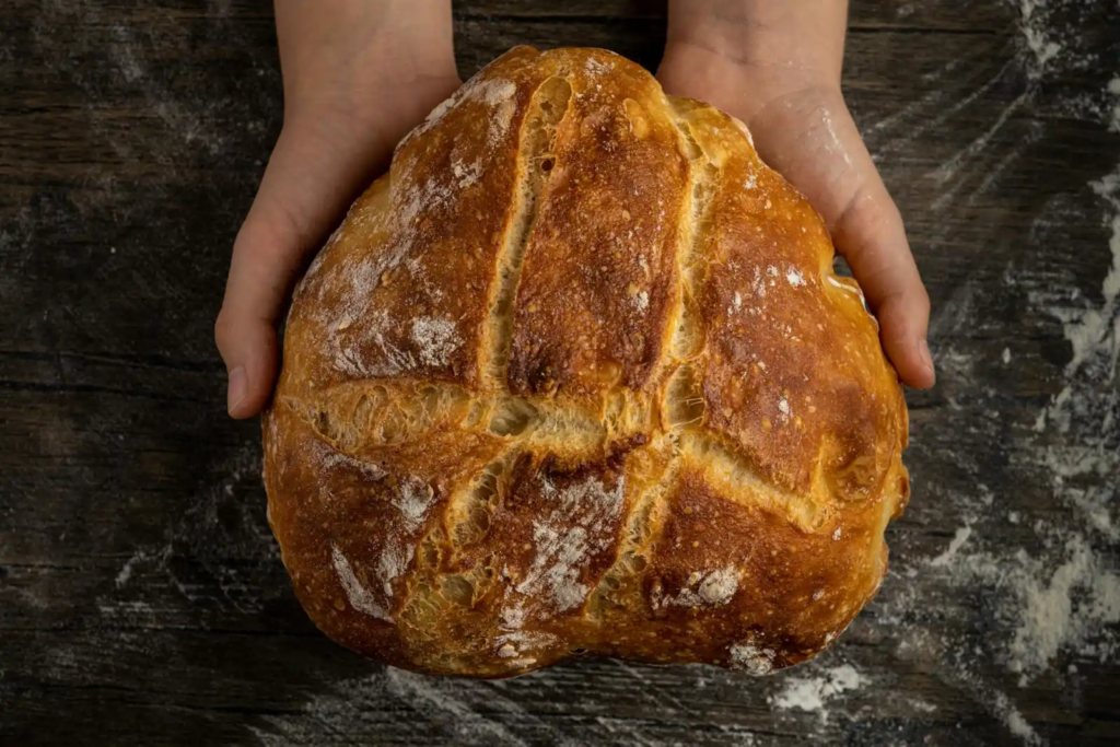 A pair of hands holding a rustic, homemade sourdough loaf with a golden crust and visible scoring lines, set against a dark wooden background.