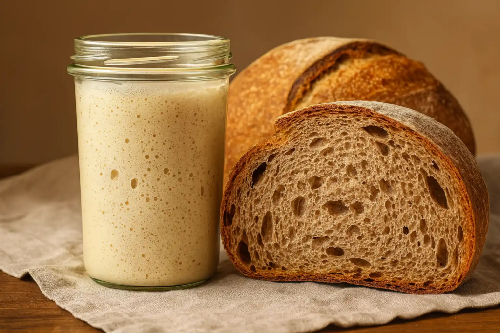 A glass jar of active sourdough starter beside a sliced loaf and a whole round of rustic sourdough bread, all resting on a natural linen cloth with a warm, golden-toned background.