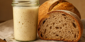 A glass jar of active sourdough starter beside a sliced loaf and a whole round of rustic sourdough bread, all resting on a natural linen cloth with a warm, golden-toned background.