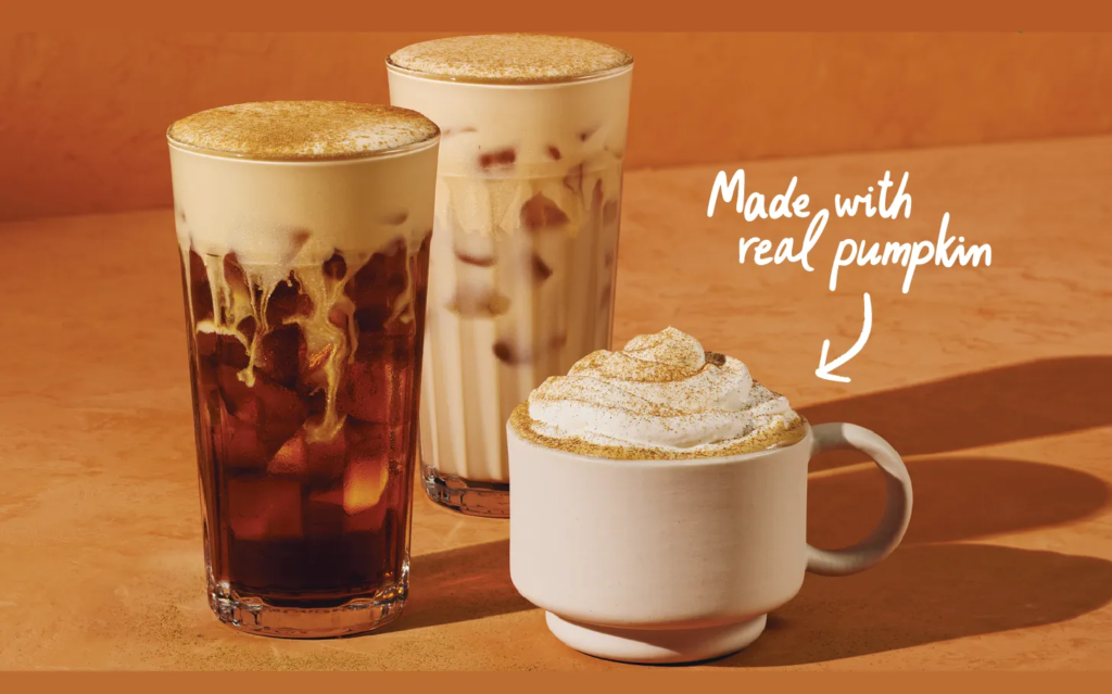 Starbucks fall drinks—pumpkin cream cold brew, iced pumpkin spice latte, and hot PSL—dusted with spice on an orange backdrop.