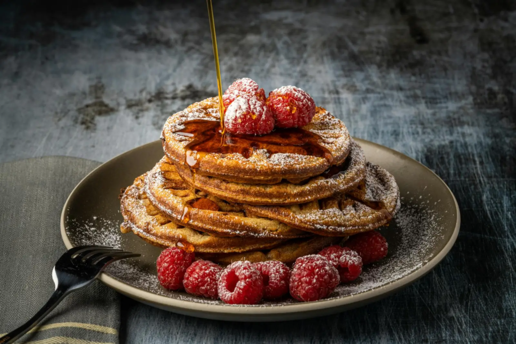 A stack of golden waffles topped with fresh raspberries, dusted with powdered sugar, and drizzled with maple syrup.