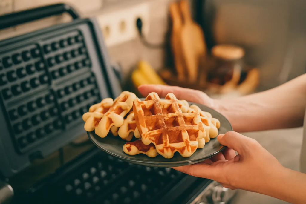 Freshly made waffles being held on a plate with a waffle maker in the background.