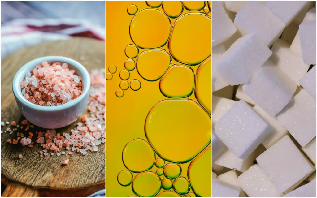 A side-by-side collage of pink salt crystals, golden cooking oil, and white sugar cubes.