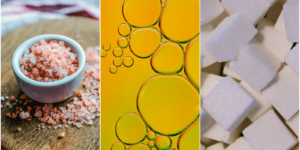 A side-by-side collage of pink salt crystals, golden cooking oil, and white sugar cubes.