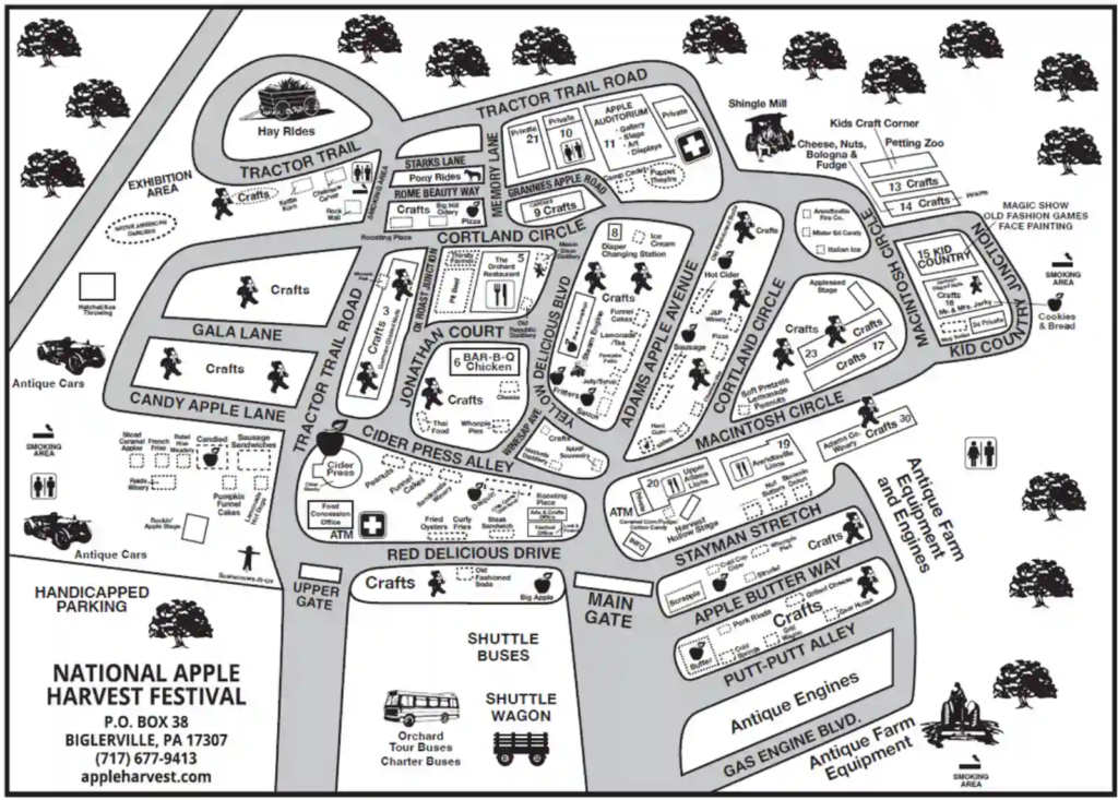 Festival grounds map with lanes, zones, and shuttles.