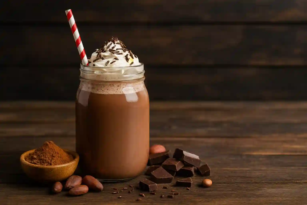 Chocolate milkshake in a mason jar topped with whipped cream and chocolate sprinkles, red striped straw; cocoa powder, cacao beans, and chocolate pieces on rustic wood.