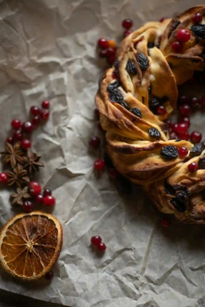 Rustic braided bread with raisins and cranberries, star anise and dried orange on parchment.