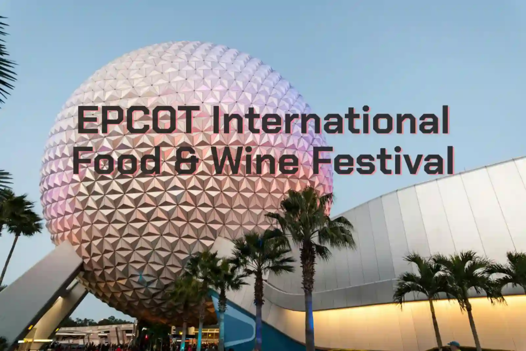 Spaceship Earth at EPCOT at dusk, palm trees in the foreground with soft pink-purple lighting on the geodesic sphere.