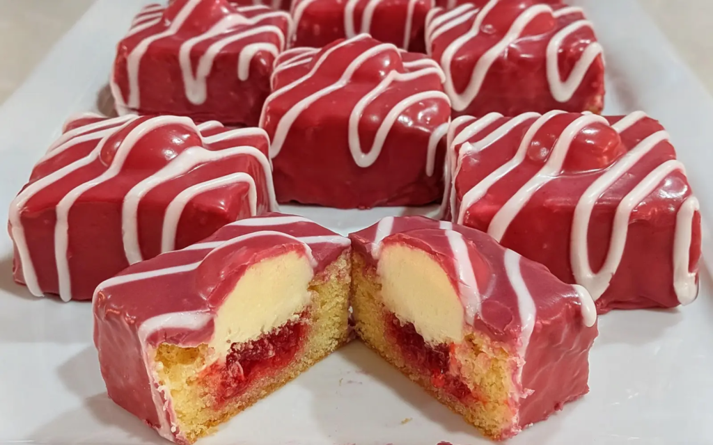 Red fondant fancies with white drizzle; one cut open to show a buttercream dome over jam and sponge.
