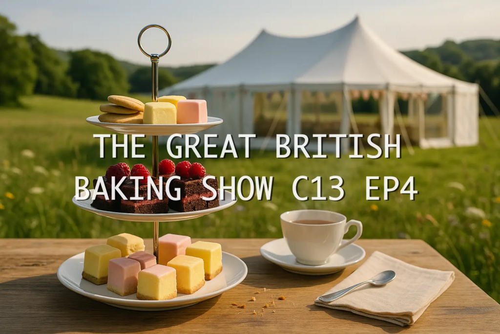 White GBBS tent in a green field behind a wooden table with a three-tier stand holding raspberry-chocolate squares, fondant fancies, and biscuits, with a teacup beside it.