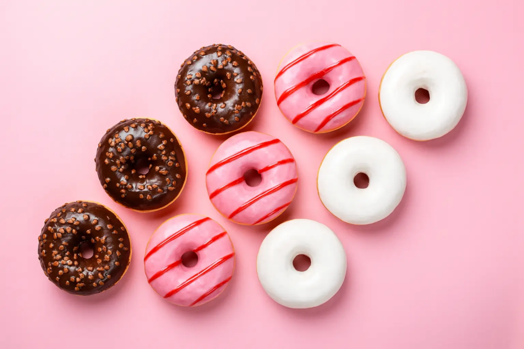 British Baking Show Bread Week ring doughnuts—chocolate with sprinkles, pink with red glaze, and plain white on a pink background.