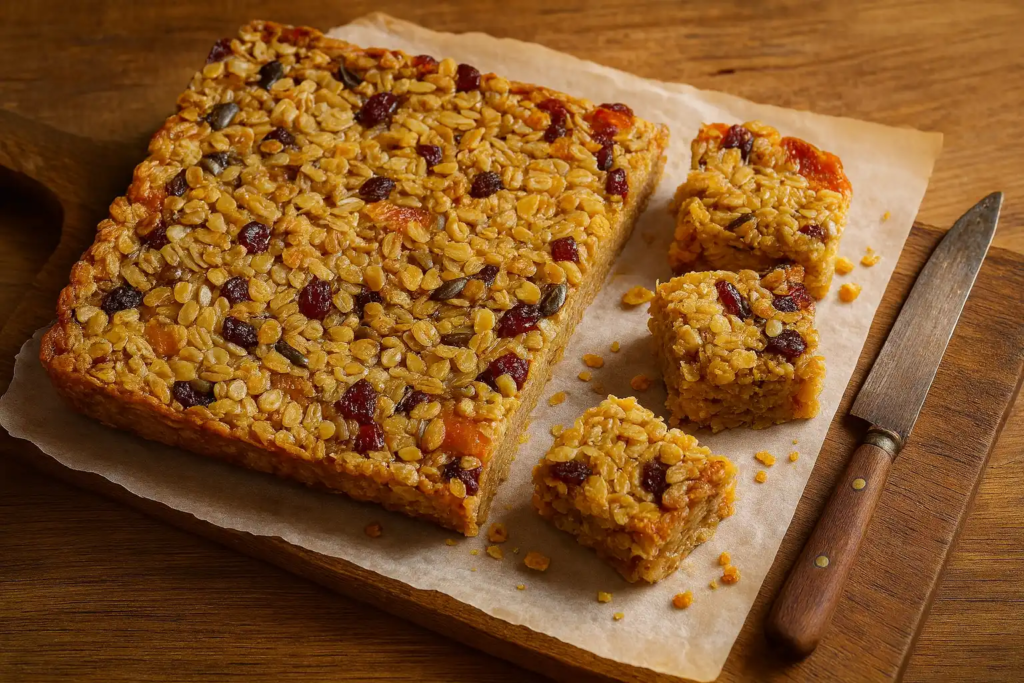 British Baking Show Back to School Week flapjacks—oat bars with fruit and seeds on parchment over a wooden board.