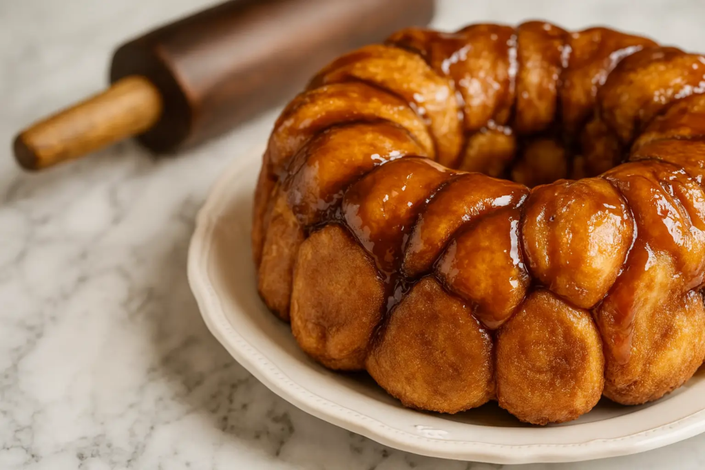 British Baking Show Bread Week monkey bread—caramel-glazed pull-apart ring on a white plate with a rolling pin in the background.