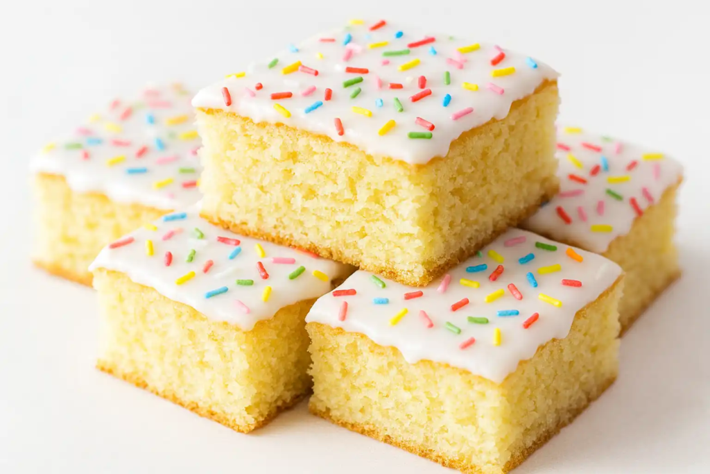 British Baking Show School Cake—vanilla traybake squares topped with white glacé icing and rainbow sprinkles on a white background.