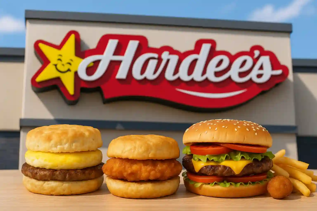 Original Hardee’s star-logo sign in the background with three signature items up front: Sausage & Egg Biscuit, Cajun Chicken Biscuit, and a charbroiled double cheeseburger with seasoned fries.