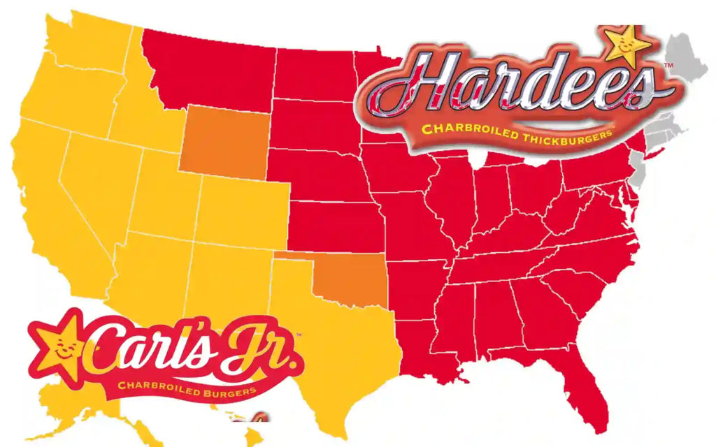 Hardee’s vs Carl’s Jr. U.S. coverage map: yellow states = Carl’s Jr., red = Hardee’s, orange = both; Carl’s Jr. logo on the West, Hardee’s logo on the East.
