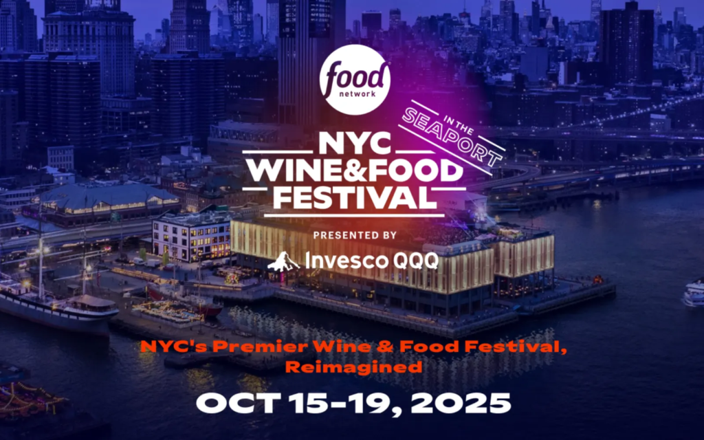 Night view of NYC’s Seaport with the NYC Wine & Food Festival 2025 graphic; dates Oct 15–19 