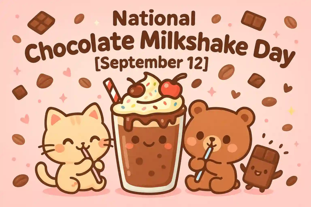 Cute illustration for “National Chocolate Milkshake Day [September 12]”: smiling chocolate shake with whipped cream, sprinkles, cherries, and a red-striped straw, flanked by a cute cat and bear; chocolate pieces and beans float on a pink background.