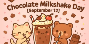 Cute illustration for “National Chocolate Milkshake Day [September 12]”: smiling chocolate shake with whipped cream, sprinkles, cherries, and a red-striped straw, flanked by a cute cat and bear; chocolate pieces and beans float on a pink background.