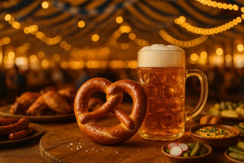 Bavarian pretzel and a frothy one-liter beer stein on a wooden table at Oktoberfest, with blue-and-white tent garlands and warm fall lights in the background.