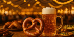 Bavarian pretzel and a frothy one-liter beer stein on a wooden table at Oktoberfest, with blue-and-white tent garlands and warm fall lights in the background.