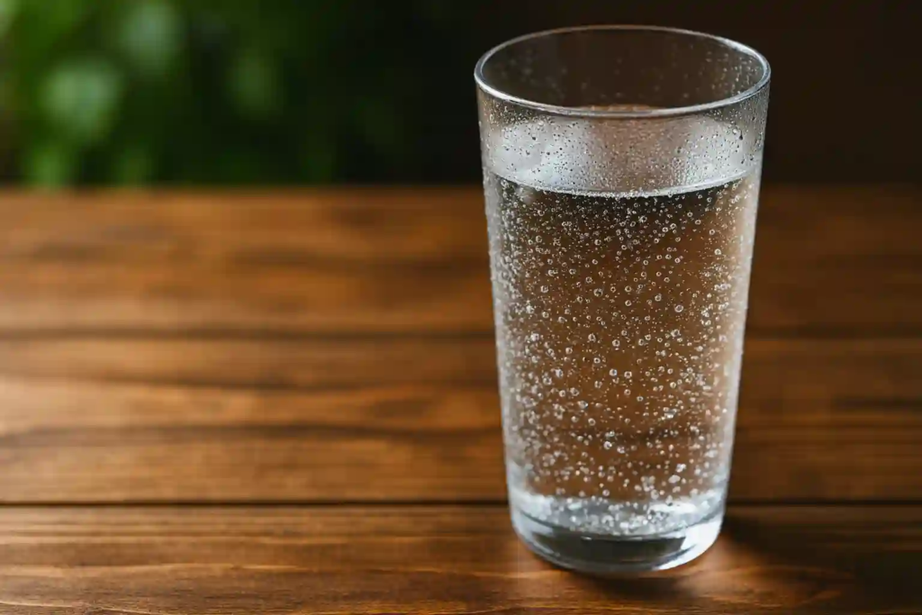 A clear glass of sparkling water on a wooden table, tiny bubbles rising with soft green foliage in the background.