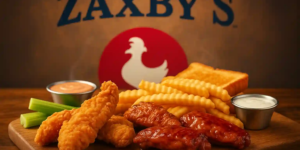 Original Zaxby’s — Chicken Fingerz and glazed wings with crinkle fries, Texas toast, celery, and Zax Sauce® & Ranch, with the red chicken logo in the background.