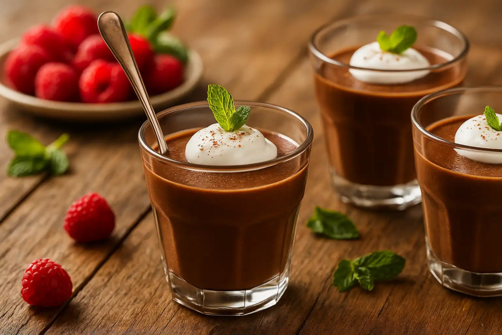 Three chocolate mousse cups topped with whipped cream and mint leaves on a wooden table, with one cup holding a silver spoon and blurred raspberries in the background.