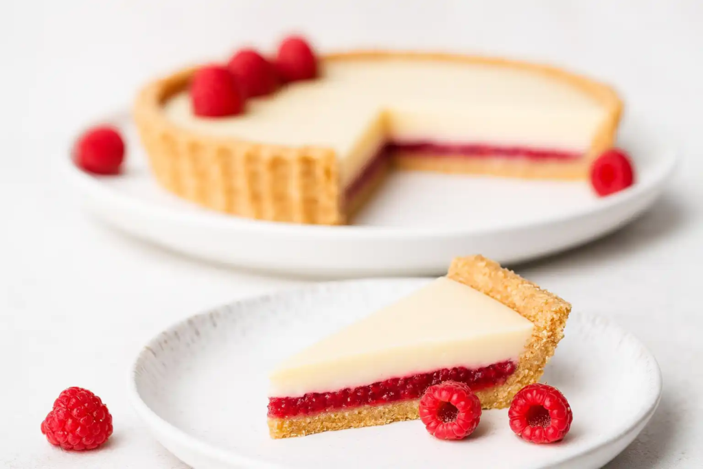 A white chocolate tart with a visible raspberry layer, one slice served on a white plate in front and the rest of the tart placed in the background under natural light.