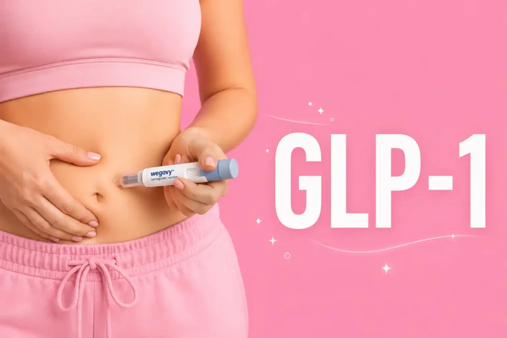 Woman injecting Wegovy into her stomach with large white GLP-1 text on a pink background.