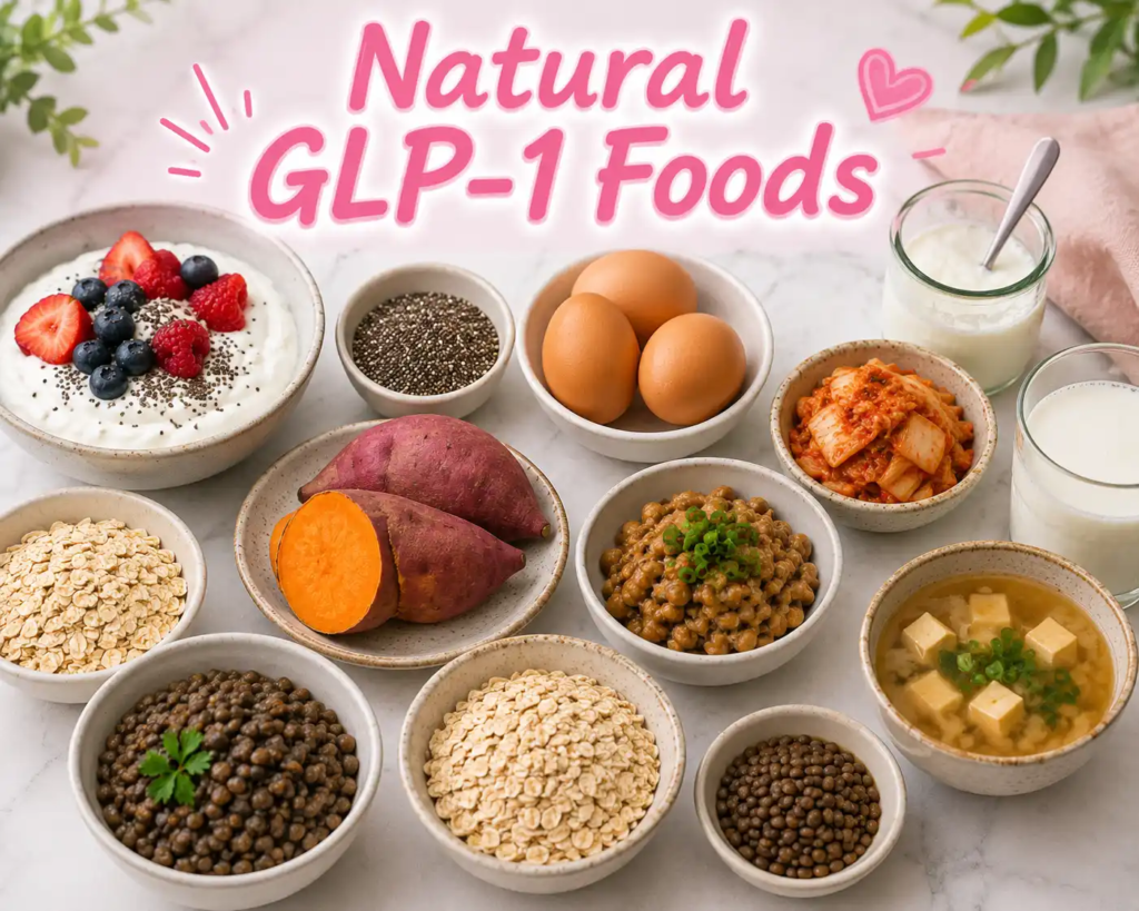 Healthy natural GLP-1 foods including Greek yogurt, chia seeds, eggs, kimchi, oats, lentils, sweet potatoes, natto, and miso soup arranged on a table with pink “Natural GLP-1 Foods” text.