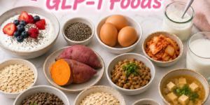 Healthy natural GLP-1 foods including Greek yogurt, chia seeds, eggs, kimchi, oats, lentils, sweet potatoes, natto, and miso soup arranged on a table with pink “Natural GLP-1 Foods” text.