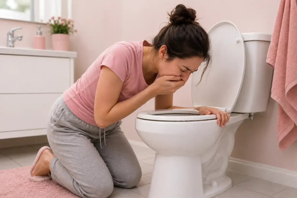 Woman experiencing nausea while kneeling beside a toilet in a pink bathroom, representing common Wegovy side effects.