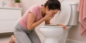 Woman experiencing nausea while kneeling beside a toilet in a pink bathroom, representing common Wegovy side effects.